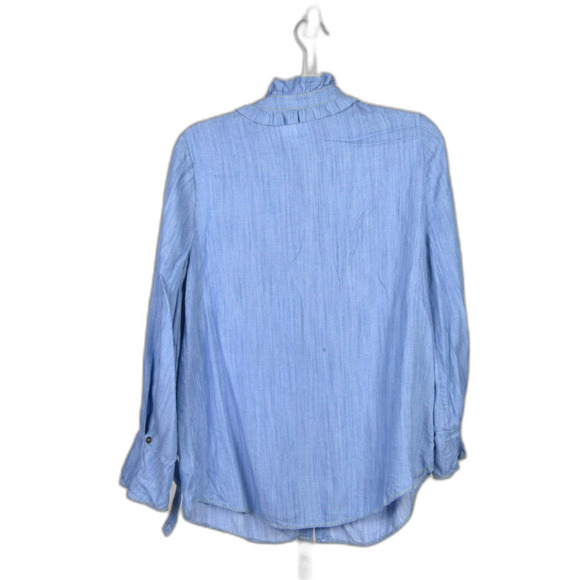 Soft Surroundings Chambray Ruffle Neck Button Down Blouse Size S - Picture 2 of 3